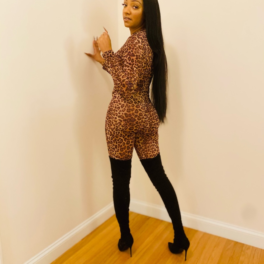 Leopard print mesh long sleeve jumpsuit